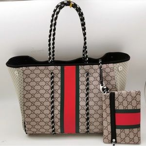 Red & green stripe neoprene tote with removable pouch. NIP